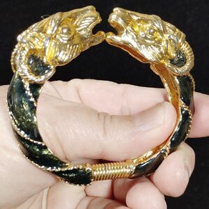 Vintage Donald Stannard Ram Hinged Bracelet Black Enamel Gold Plate Signed
